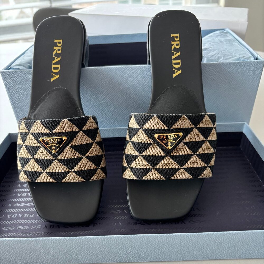 Prada Embroidered Black Fabric Sandals